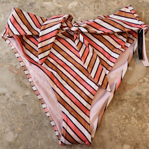 XS M 🤎SALE VS Swim High Waist Cheeky Bikini Bottom Orange Stripes - Picture 1 of 4